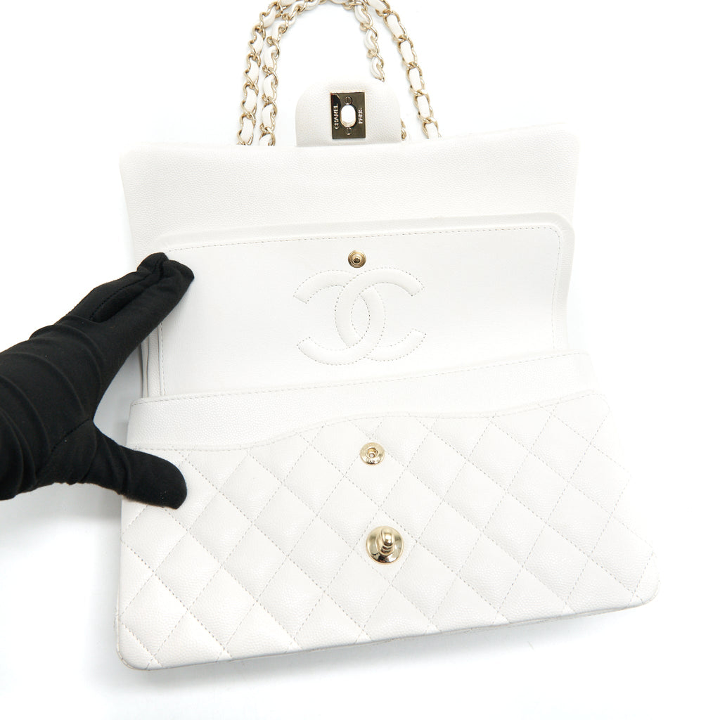 Chanel Medium Classic Double flap Bag Caviar White with L