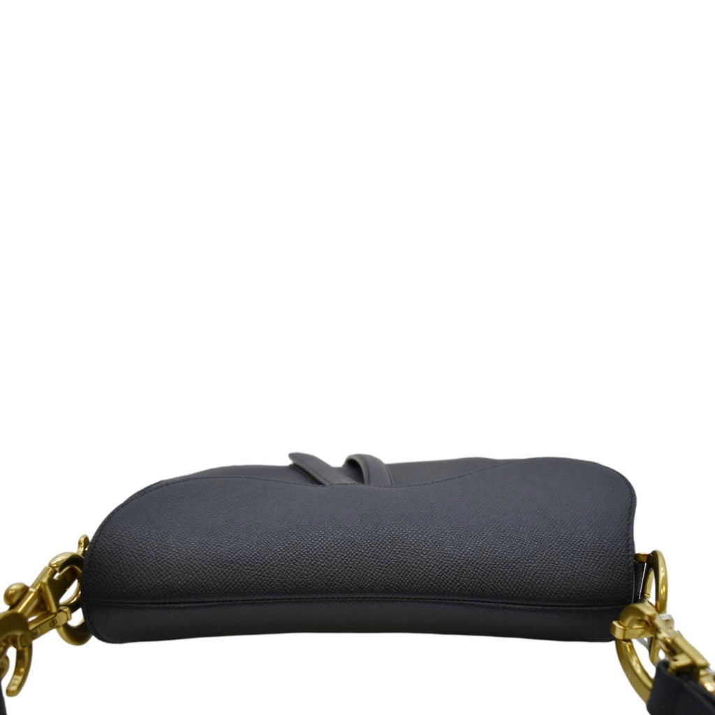 CHRISTIAN DIOR Saddle Grained Calfskin Leather Satchel Shoulder Bag Navy Blue
