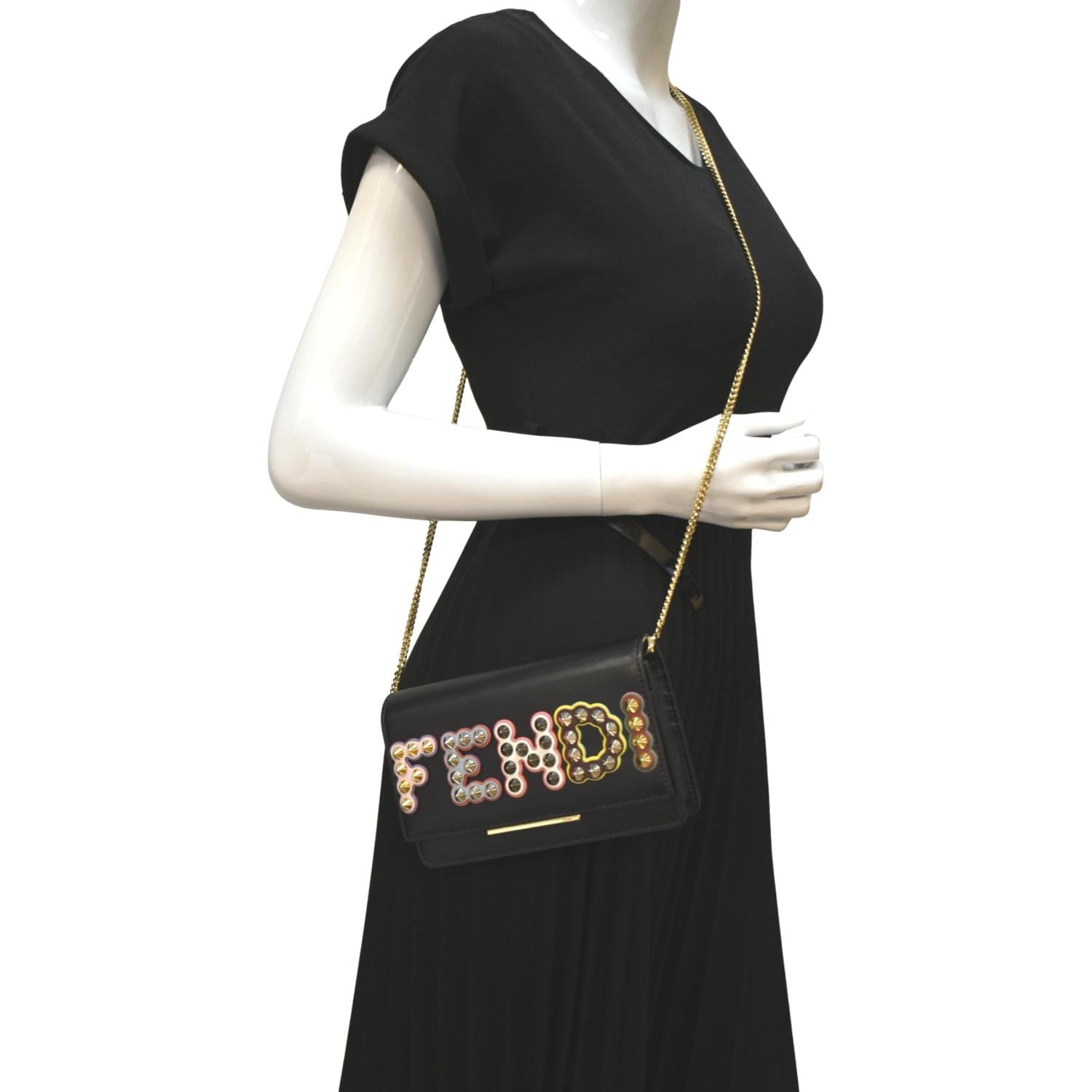 FENDI Studded Logo Woc Leather Crossbody Clutch Black