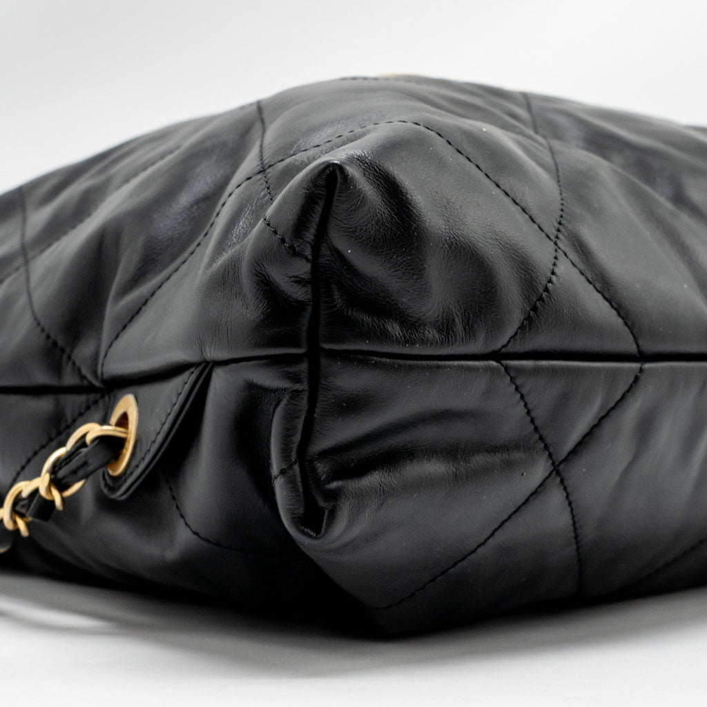 Chanel 22 Backpack White Letter Logo Shiny Calfskin Black  (Microchip)