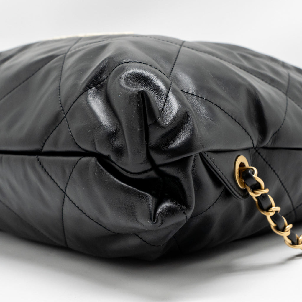 Chanel 22 Backpack White Letter Logo Shiny Calfskin Black  (Microchip)