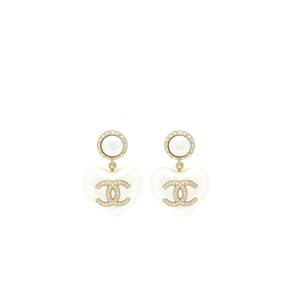 Chanel Heart Pearl Crystals CC Logo Earrings L