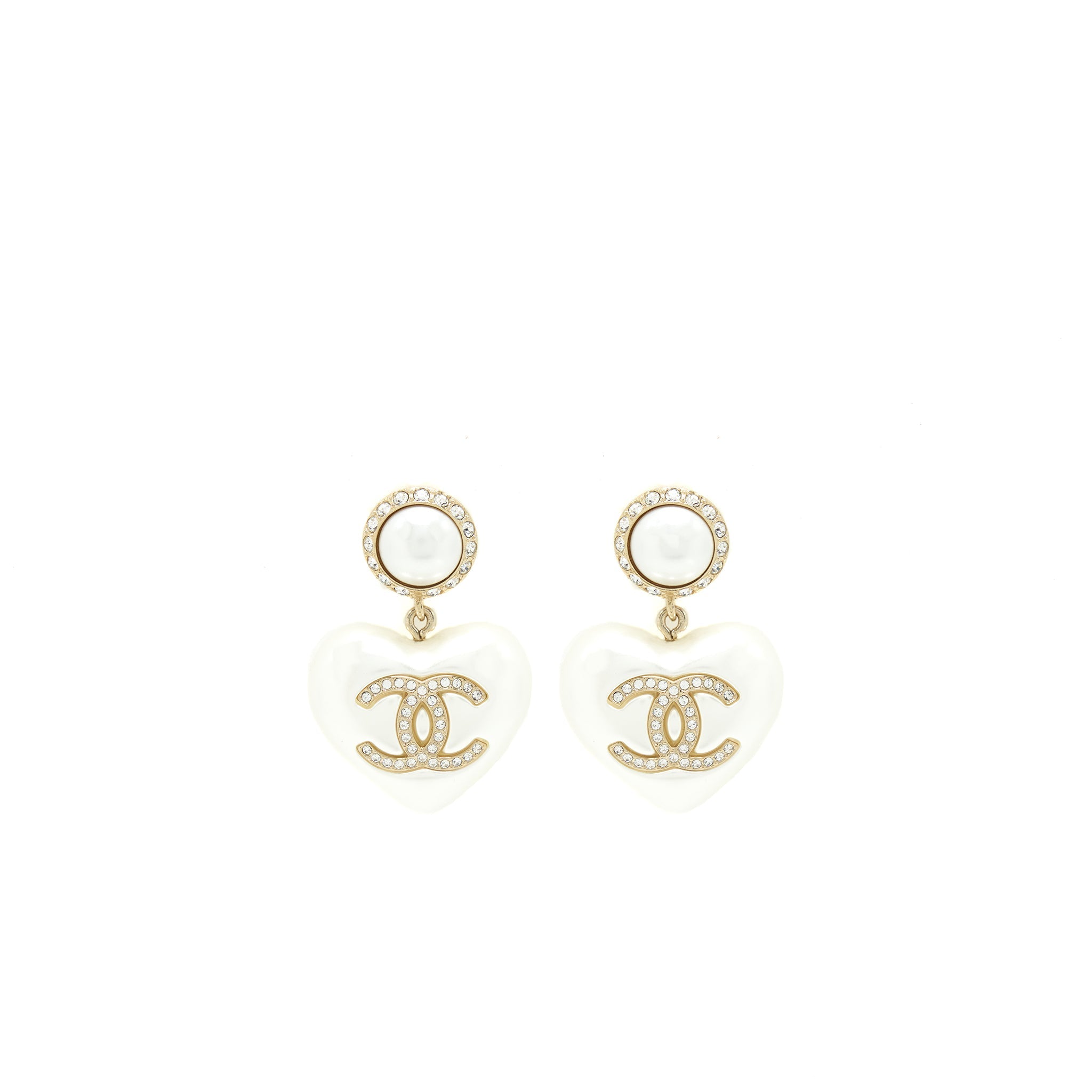 Chanel Heart Pearl Crystals CC Logo Earrings L