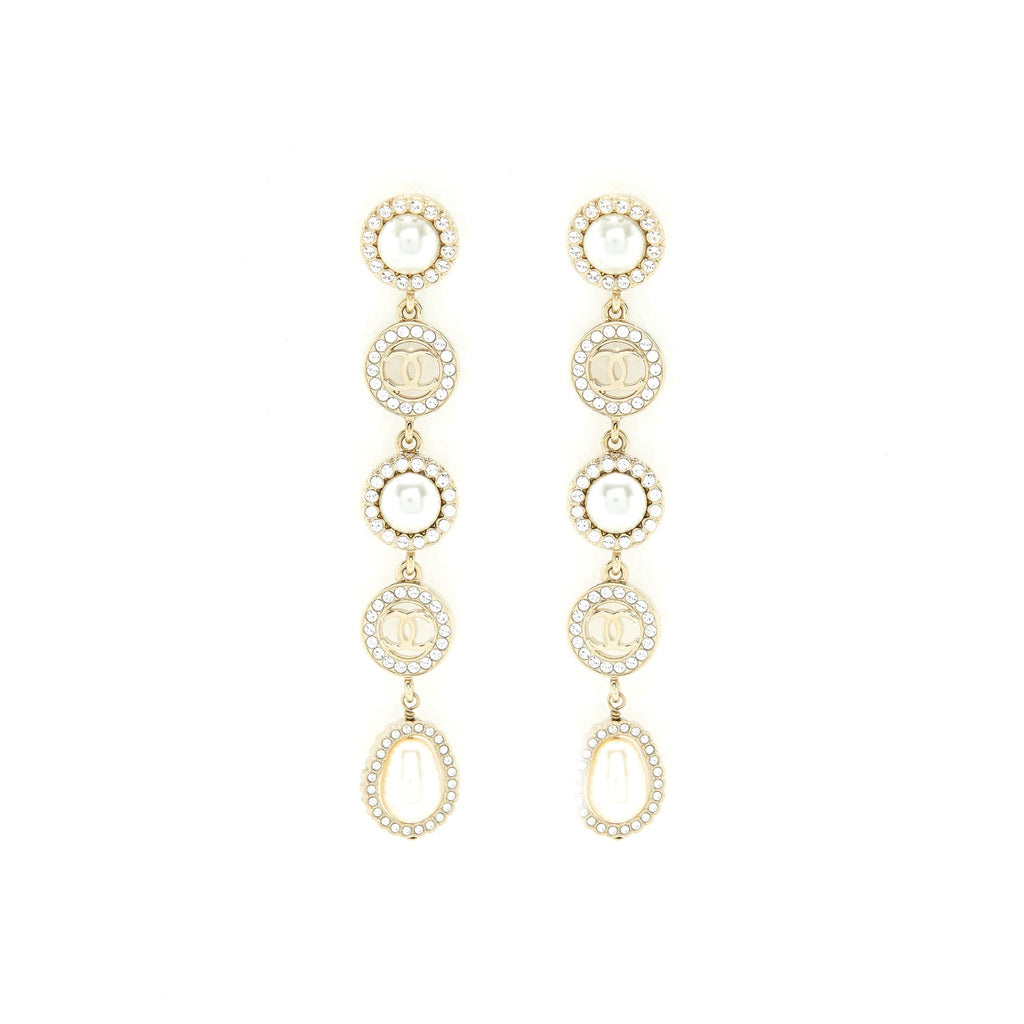 Chanel Crystals CC Logo And Pearls Round Drop Earrings L