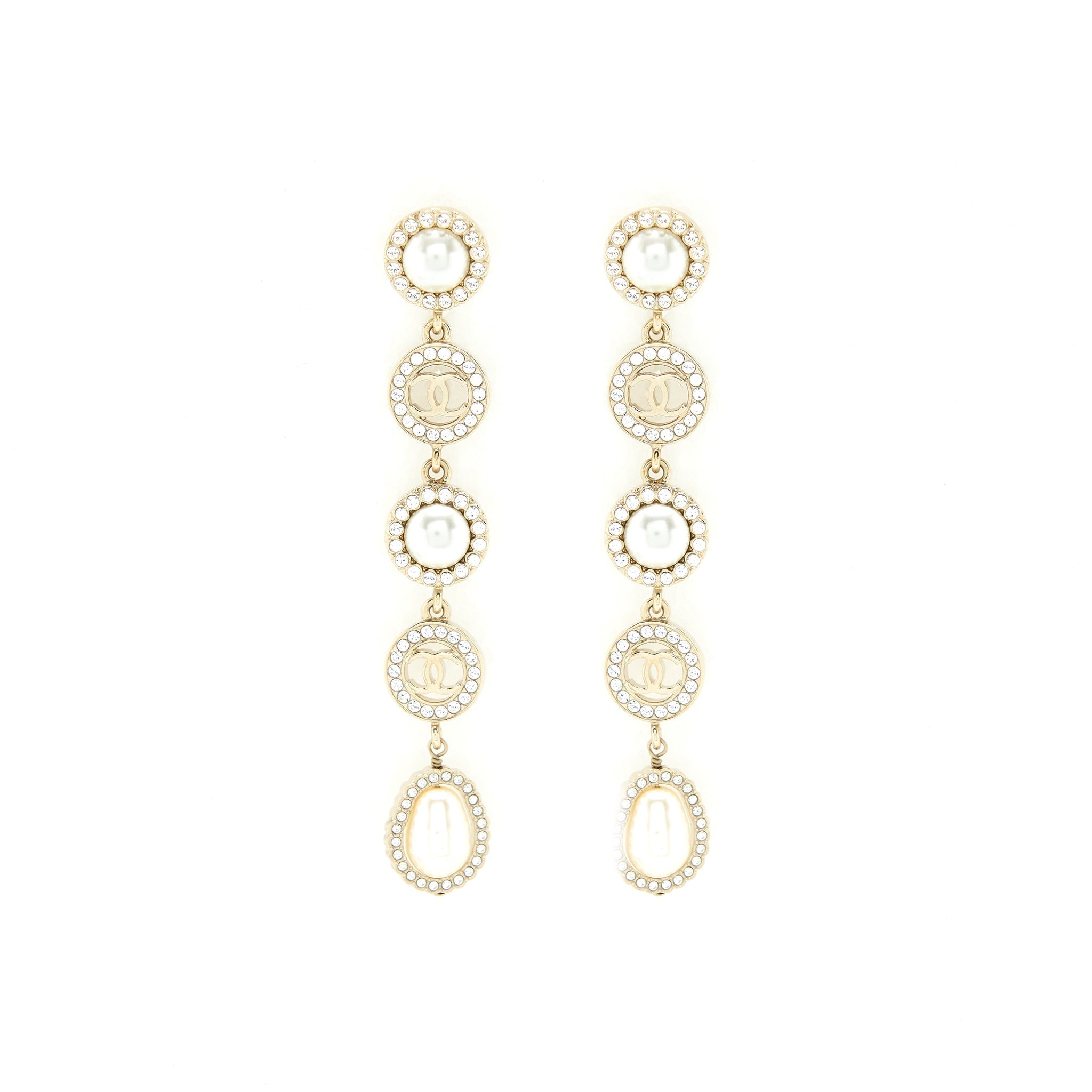 Chanel Crystals CC Logo And Pearls Round Drop Earrings L
