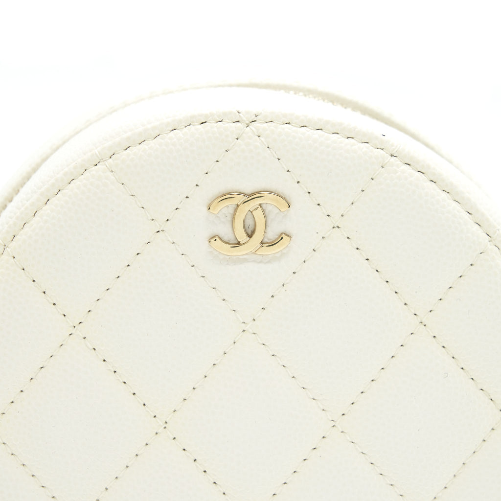 Chanel mini round Bag with Chain Caviar White L