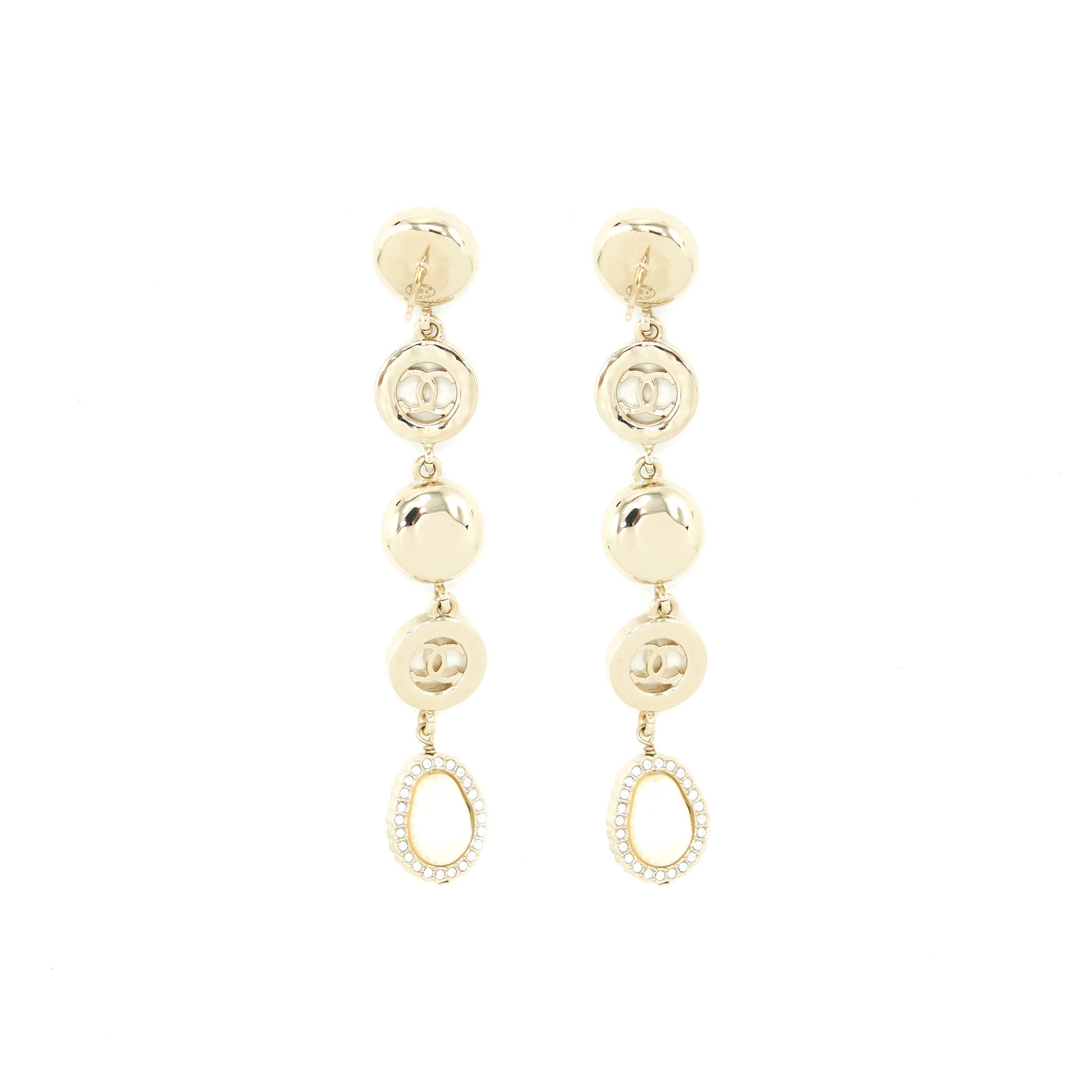 Chanel Crystals CC Logo And Pearls Round Drop Earrings L
