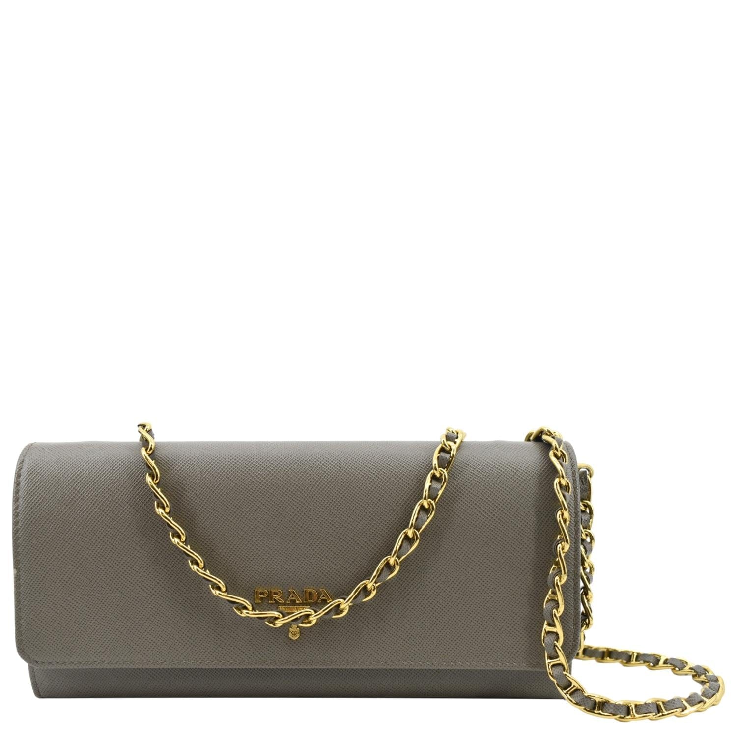 PRADA Saffiano Leather Wallet on Chain Clutch Crossbody Bag Argilla 1mt290