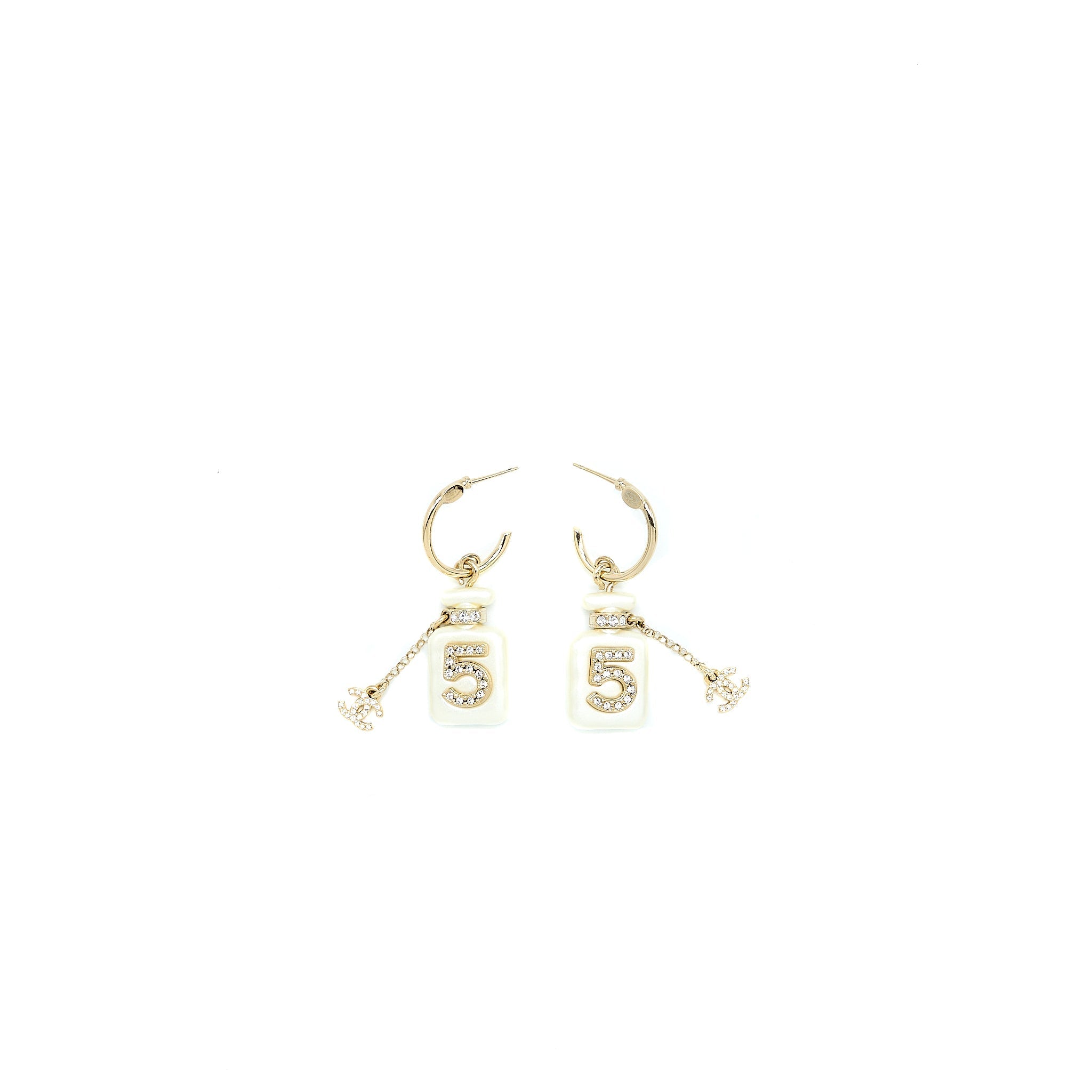 Chanel No.5 Perfume Bottle Earrings Light Gold Tone