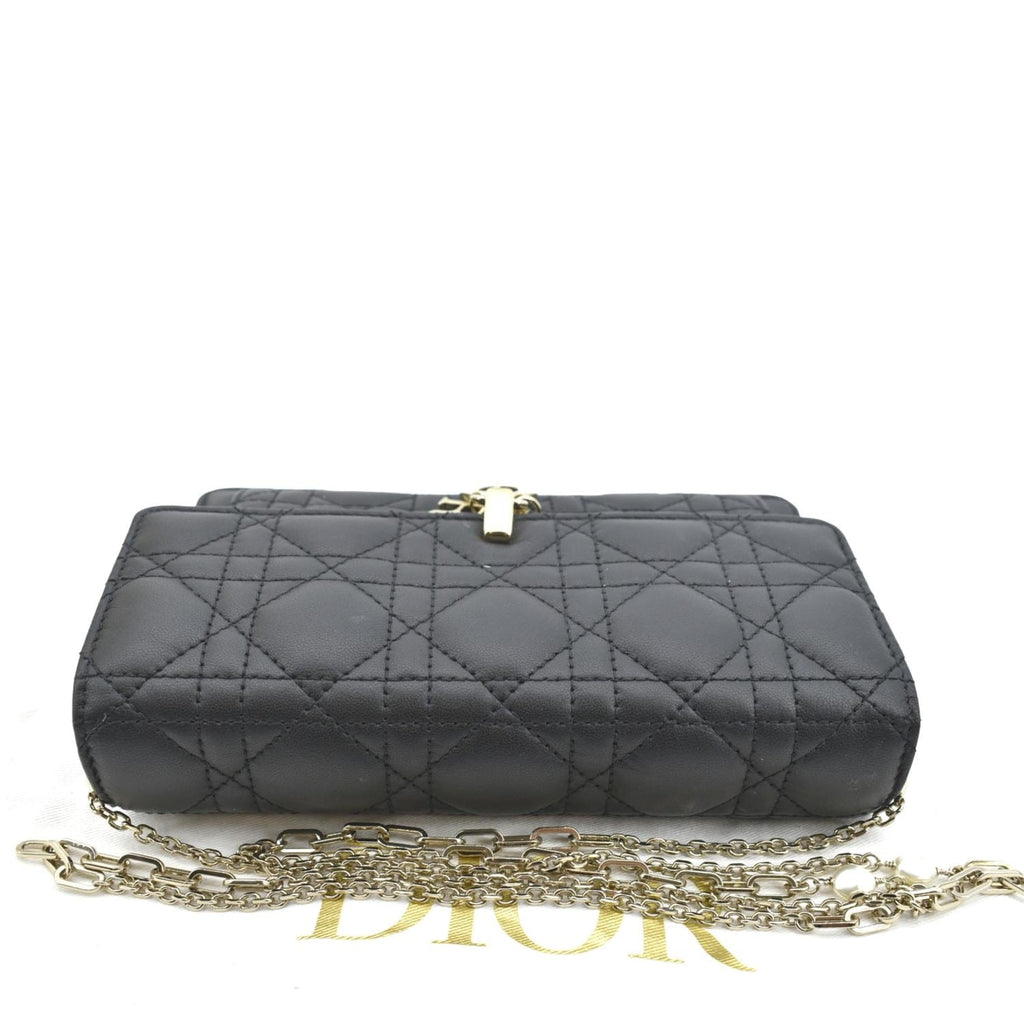 CHRISTIAN DIOR Lady Dior Leather Shoulder Chain Wallet Black