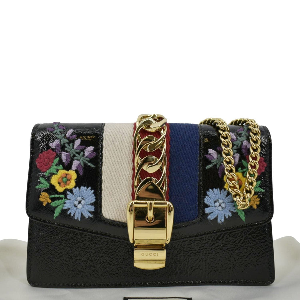 GUCCI Sylvie Super Mini Embroidered Leather Crossbody Chain Wallet Black 494646