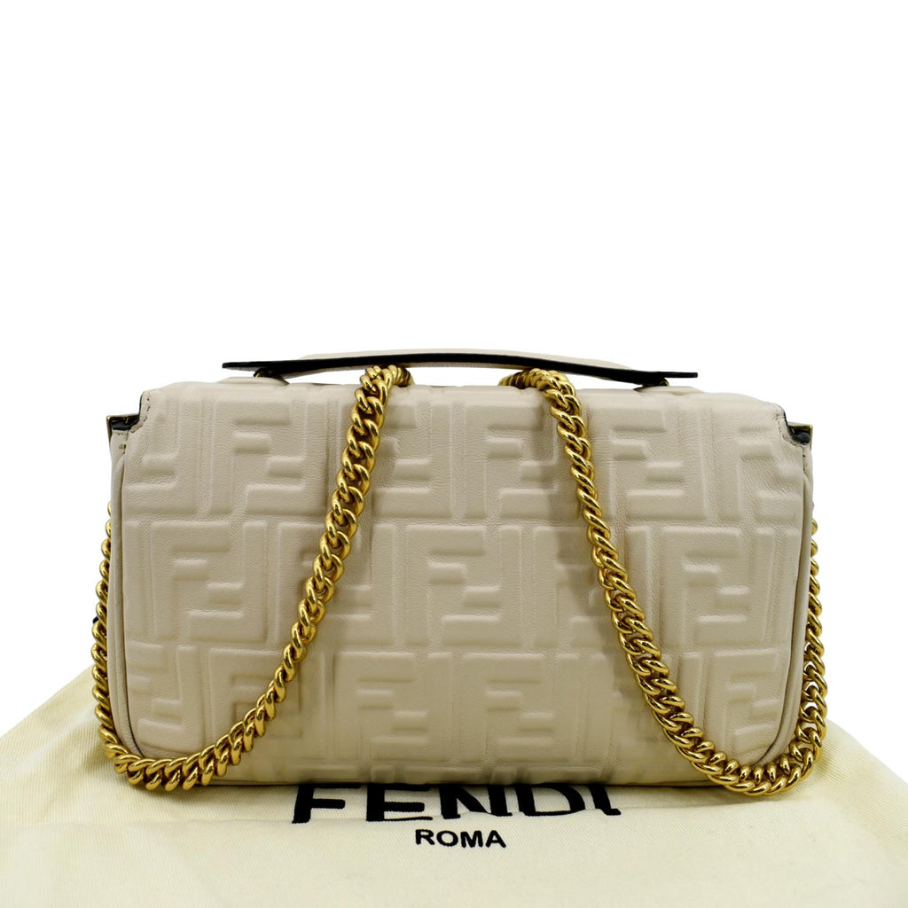 FENDI Baguette Leather Chain Shoulder Bag Light Beige