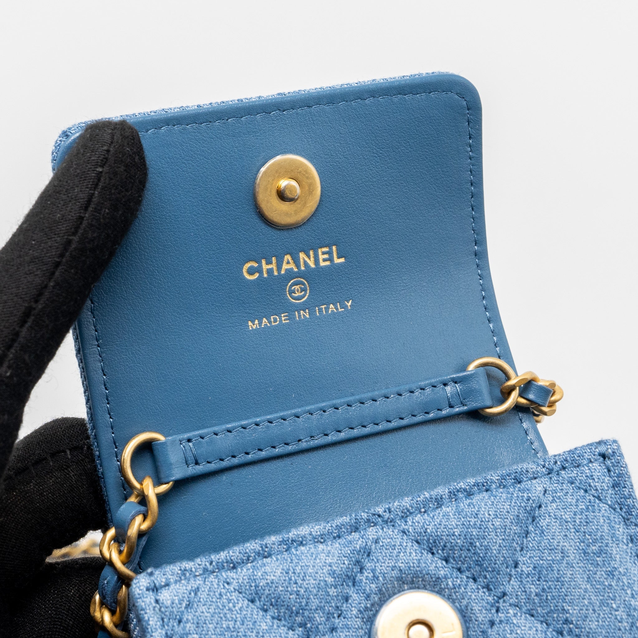 CHANEL Mini Vertical Flap Clutch With Chain Denim Blue  (microchip)