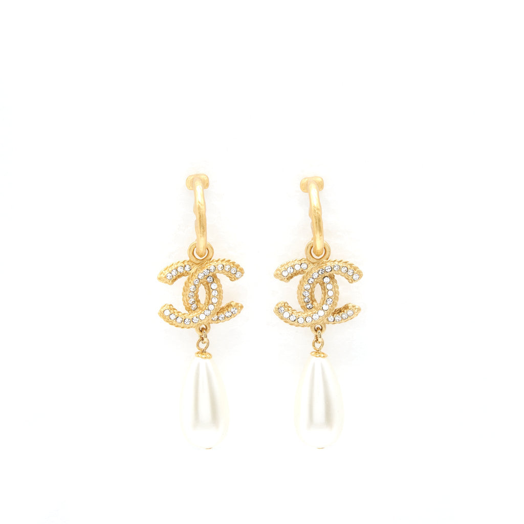 Chanel CC Pearl Drop Earrings Gold Tone