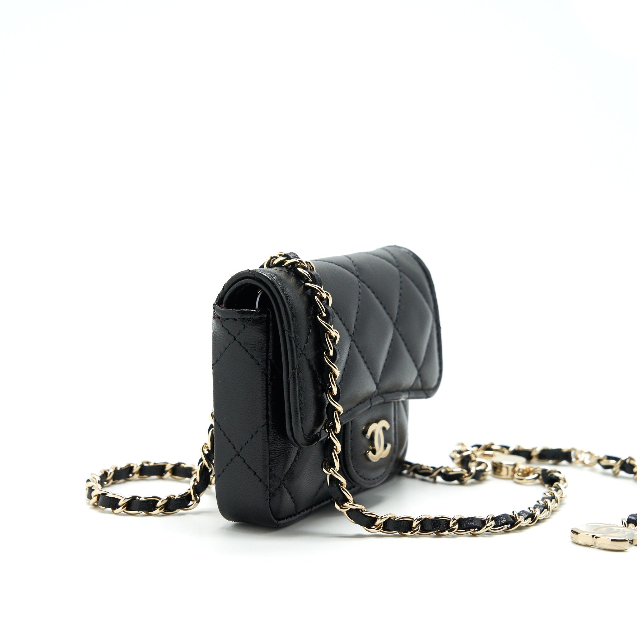 Chanel Flap  Holder Belt Bag With Chain Lambskin Black L