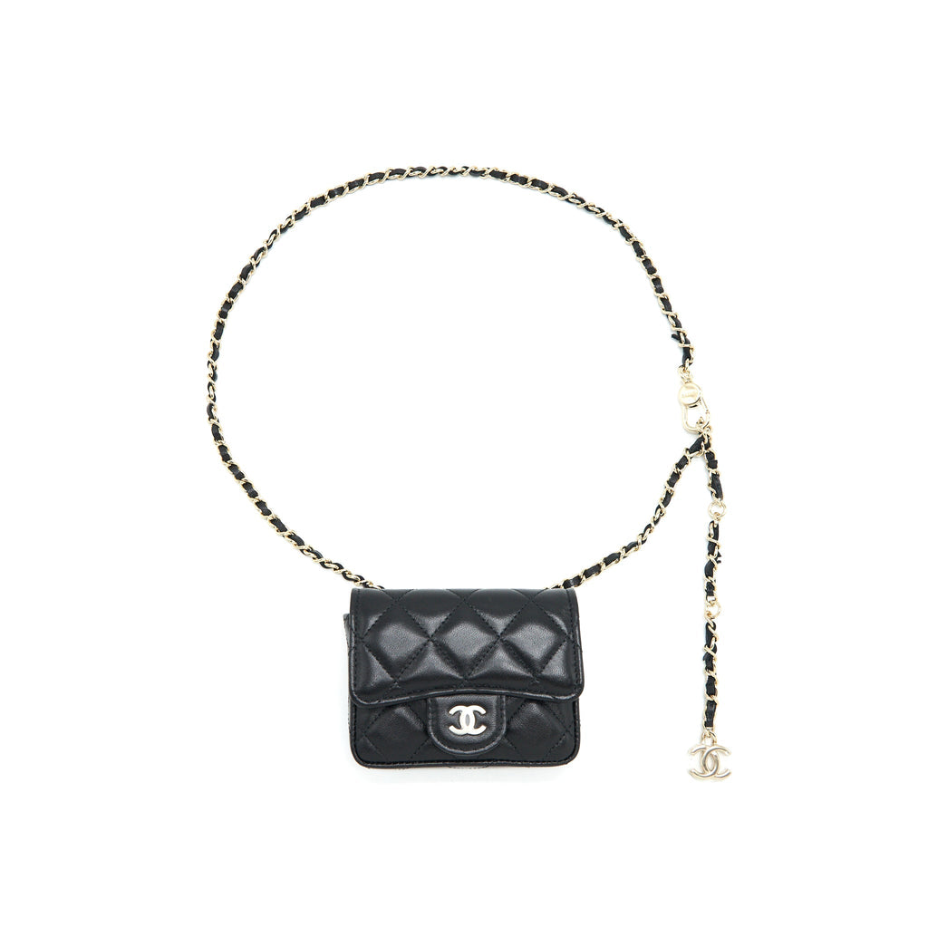 Chanel Flap  Holder Belt Bag With Chain Lambskin Black L