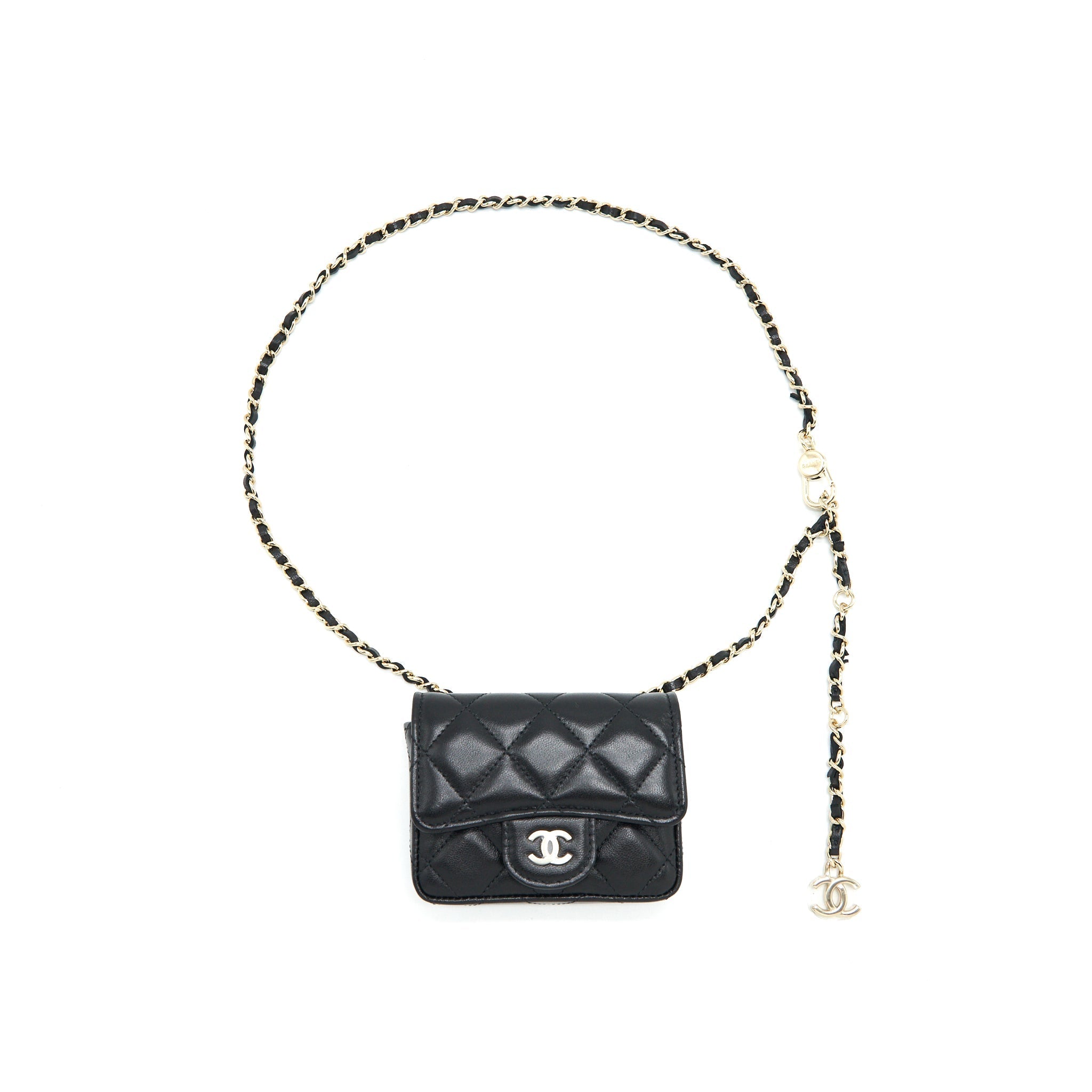 Chanel Flap  Holder Belt Bag With Chain Lambskin Black L
