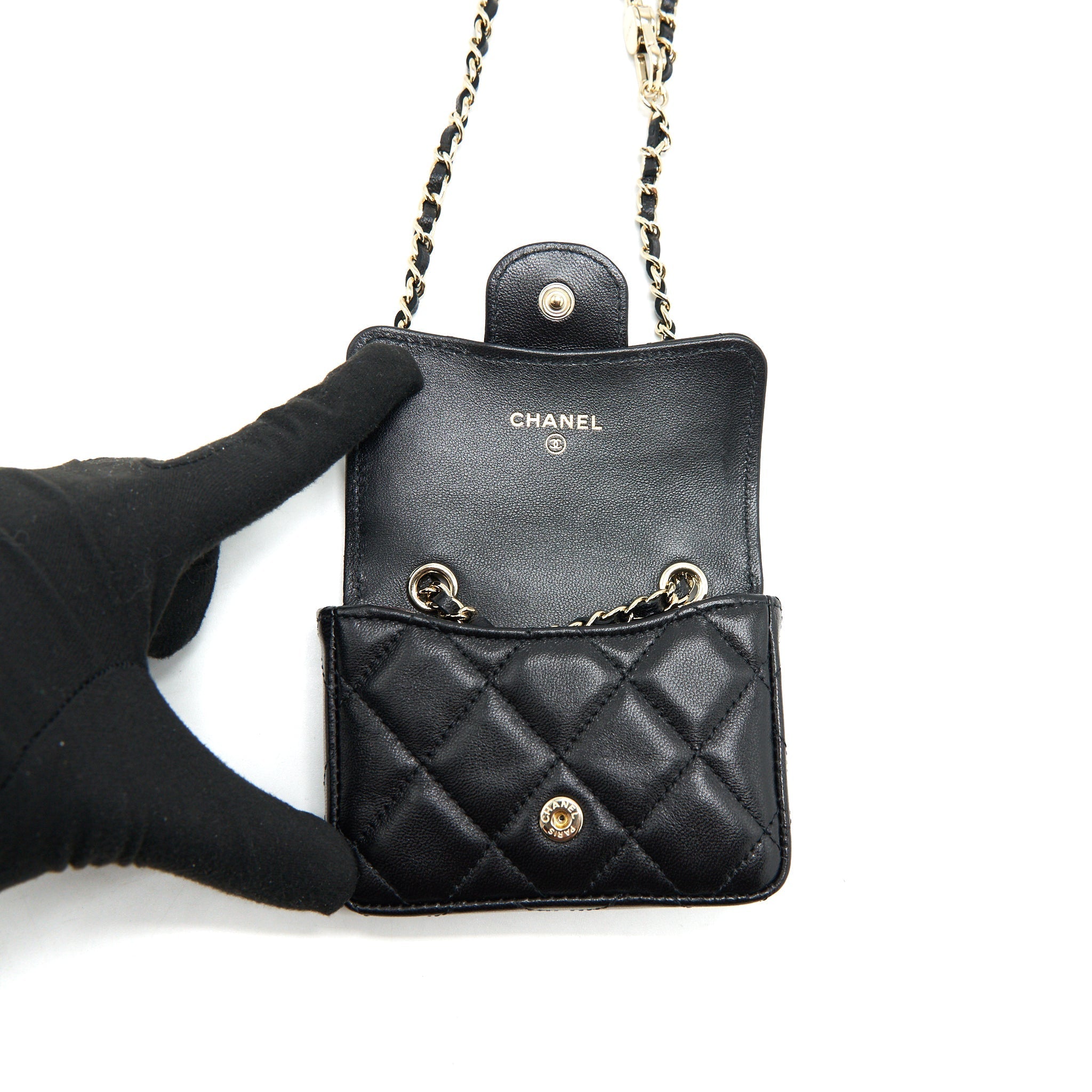 Chanel Flap  Holder Belt Bag With Chain Lambskin Black L
