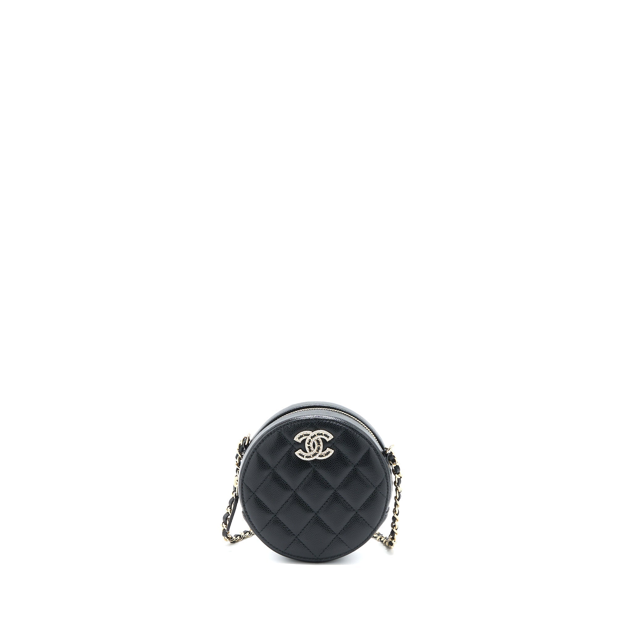 Chanel Crystal CC Logo Round Clutch with Chain Caviar Black L