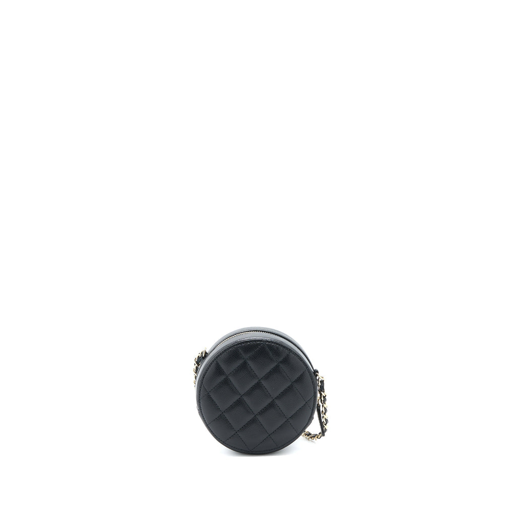 Chanel Crystal CC Logo Round Clutch with Chain Caviar Black L