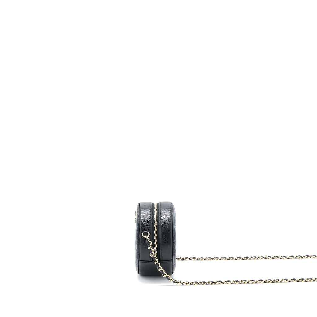 Chanel Crystal CC Logo Round Clutch with Chain Caviar Black L