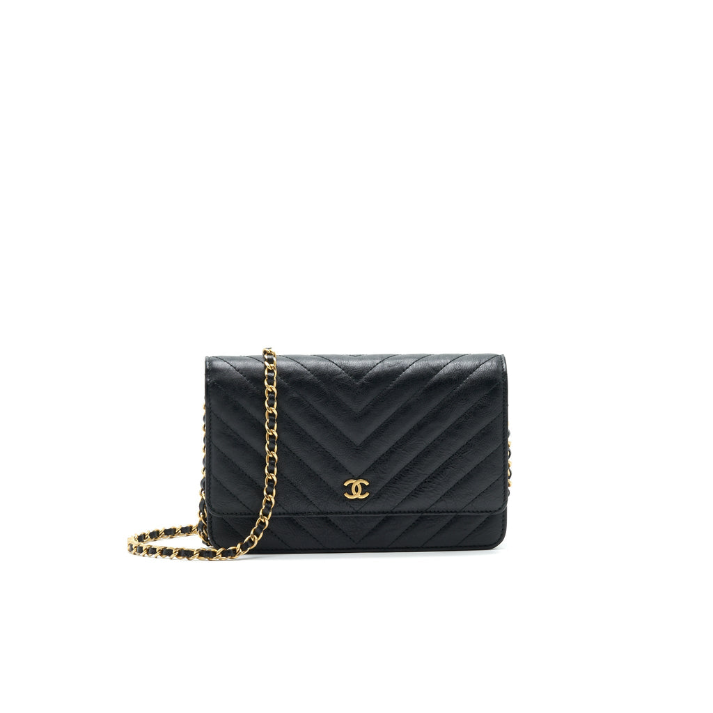CHANEL CHEVRON WALLET ON CHAIN BLACK  CALFSKIN