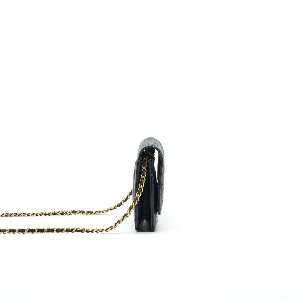 CHANEL CHEVRON WALLET ON CHAIN BLACK  CALFSKIN