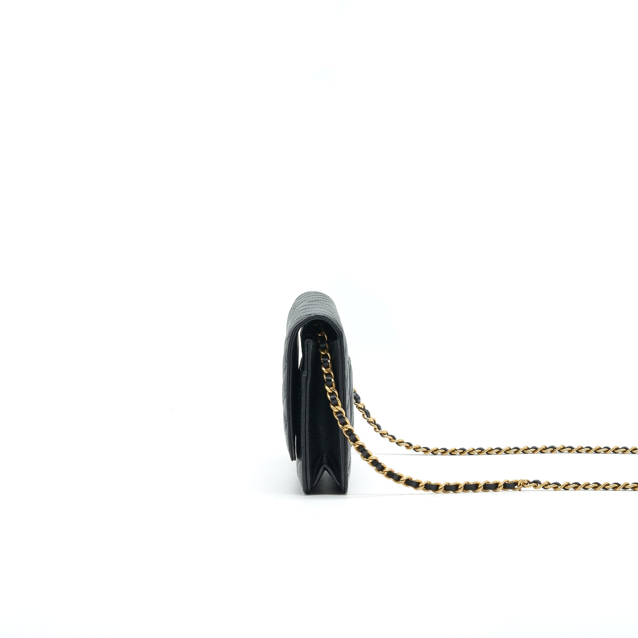 CHANEL CHEVRON WALLET ON CHAIN BLACK  CALFSKIN