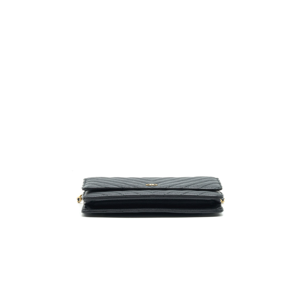 CHANEL CHEVRON WALLET ON CHAIN BLACK  CALFSKIN