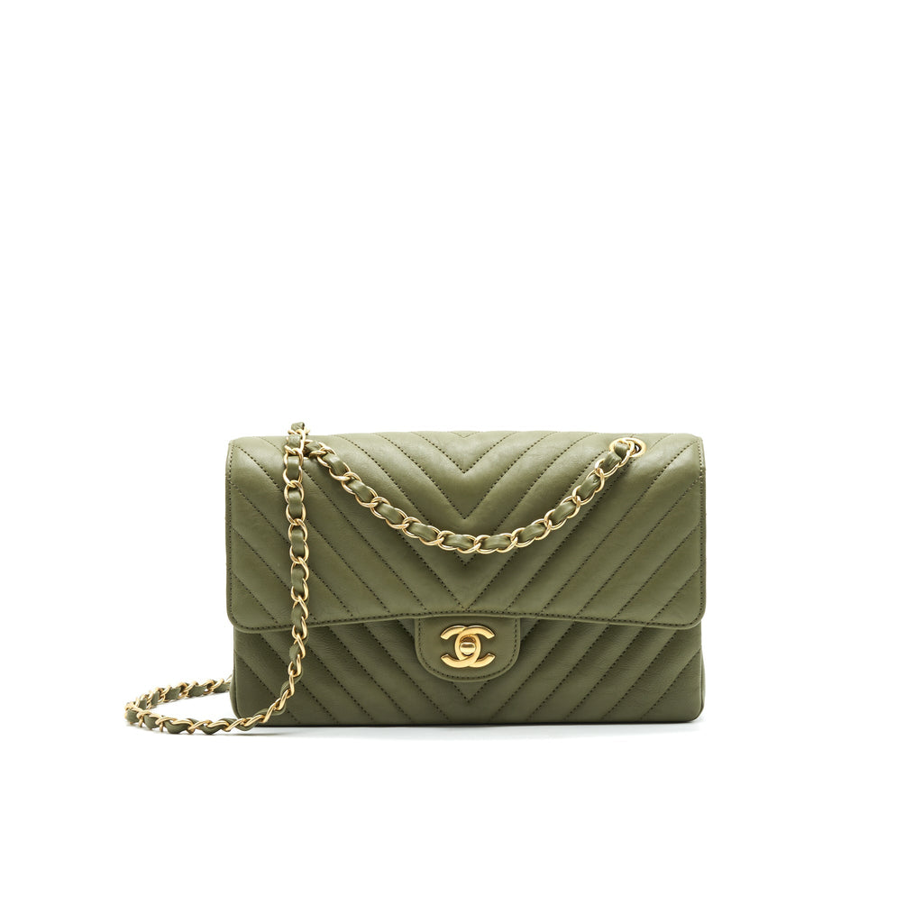 Chanel Chevron Medium Classic Double Flap Bag Olive-Green