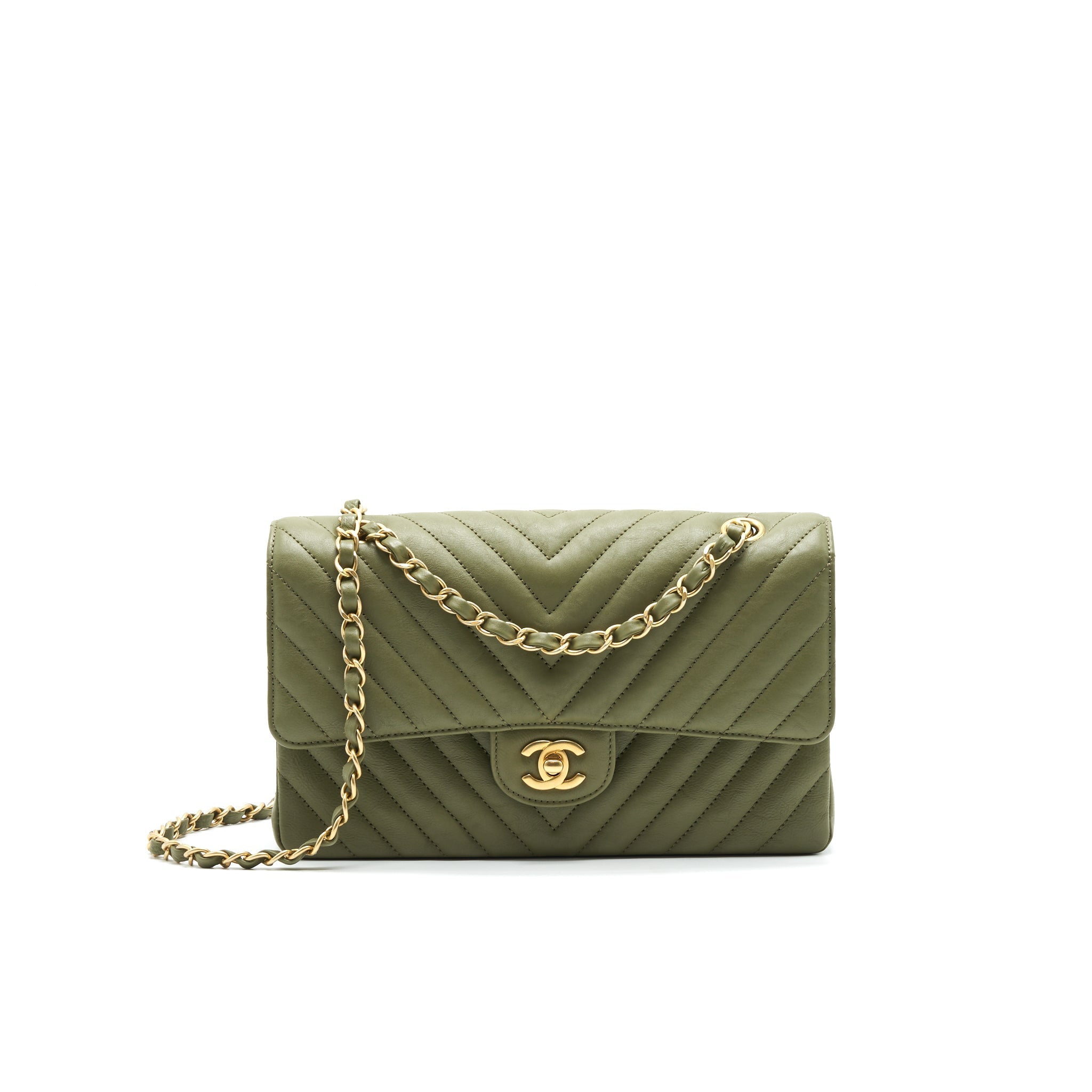 Chanel Chevron Medium Classic Double Flap Bag Olive-Green