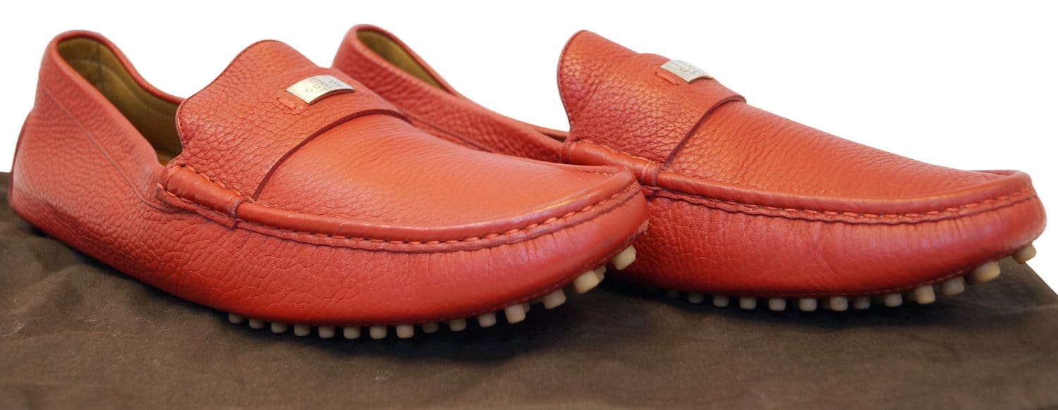 GUCCI Trademark Logo Drivers Loafers Shoes Red Size 10.1/2