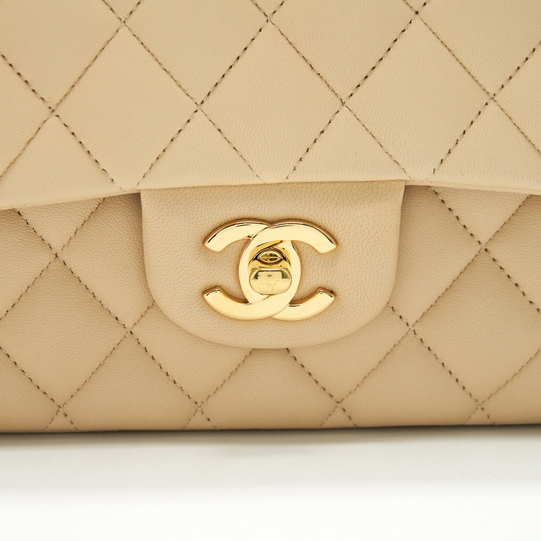 CHANEL MEDIUM CLASSIC DOUBLE FLAP LAMBSKIN BEIGE WITH