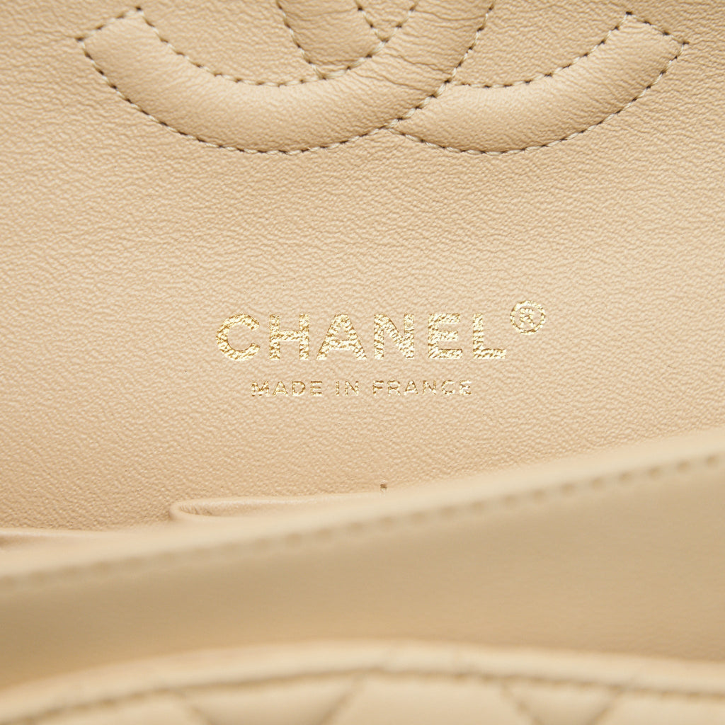CHANEL MEDIUM CLASSIC DOUBLE FLAP LAMBSKIN BEIGE WITH