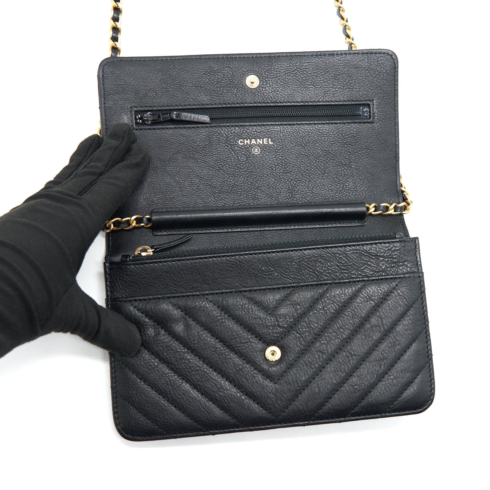CHANEL CHEVRON WALLET ON CHAIN BLACK  CALFSKIN