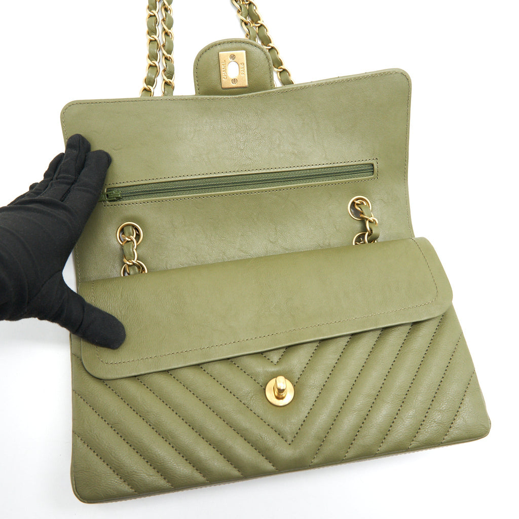 Chanel Chevron Medium Classic Double Flap Bag Olive-Green