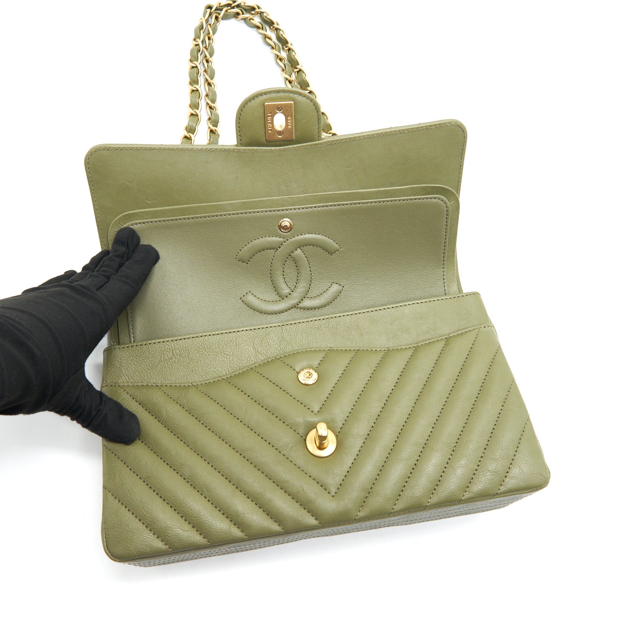 Chanel Chevron Medium Classic Double Flap Bag Olive-Green