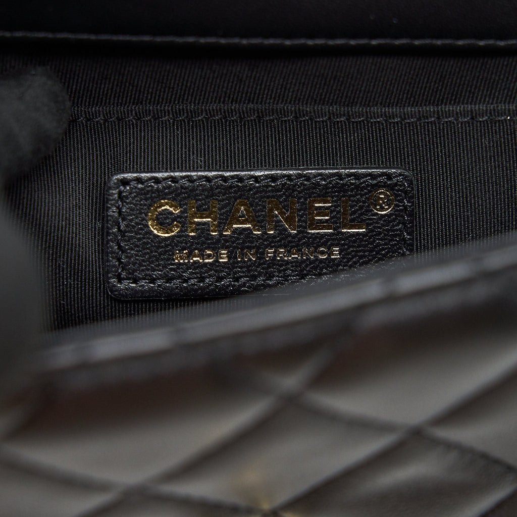 Chanel Pearl Chain Flap Bag Quilted Grained Lambskin Black L