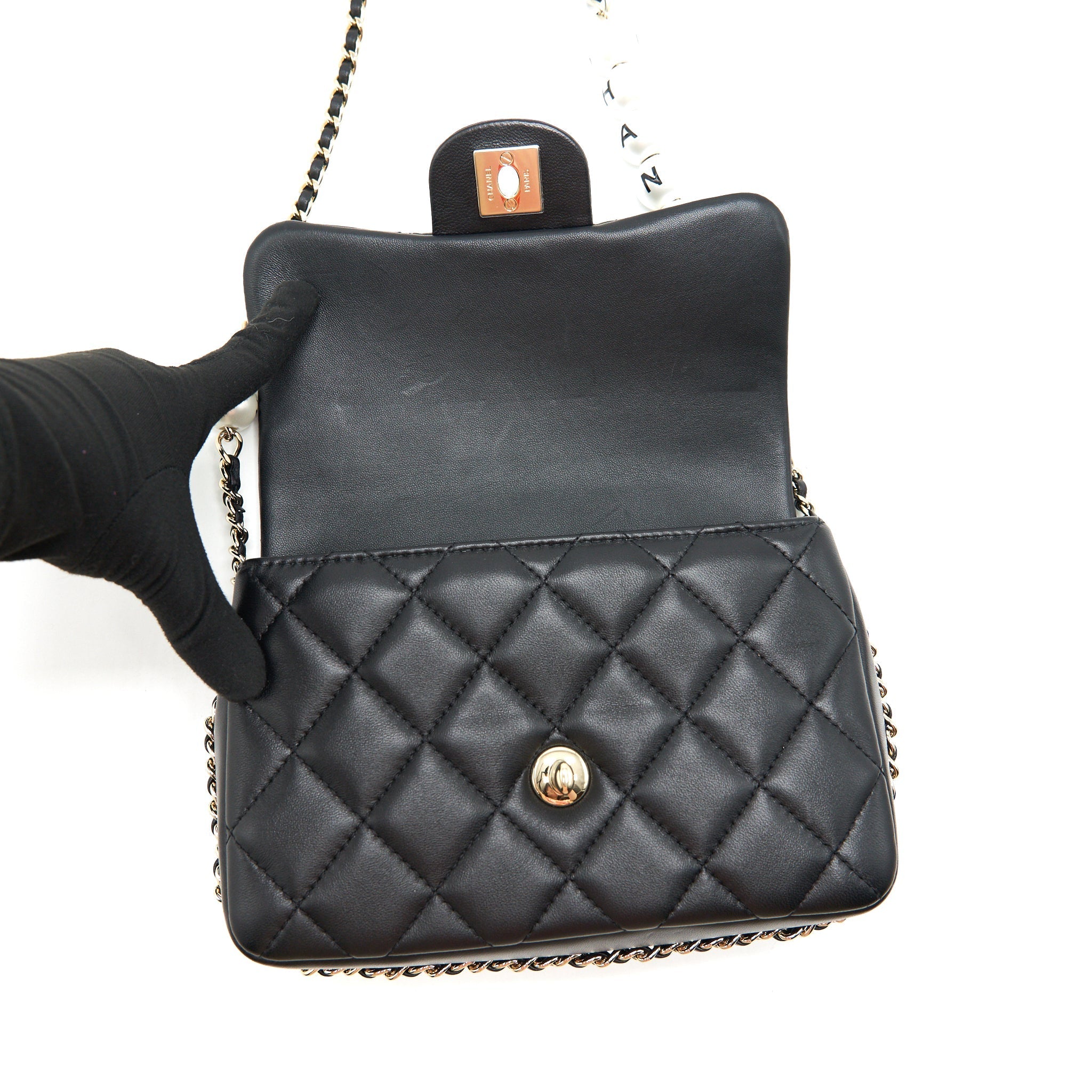 Chanel Pearl Chain Flap Bag Quilted Grained Lambskin Black L