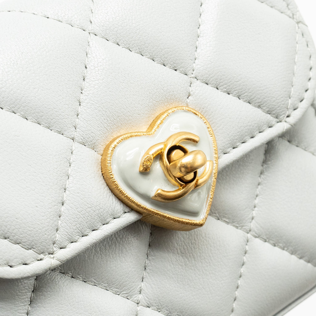 CHANEL CC Enamel Heart Mini Flap Clutch With Chain Lambskin Light Grey