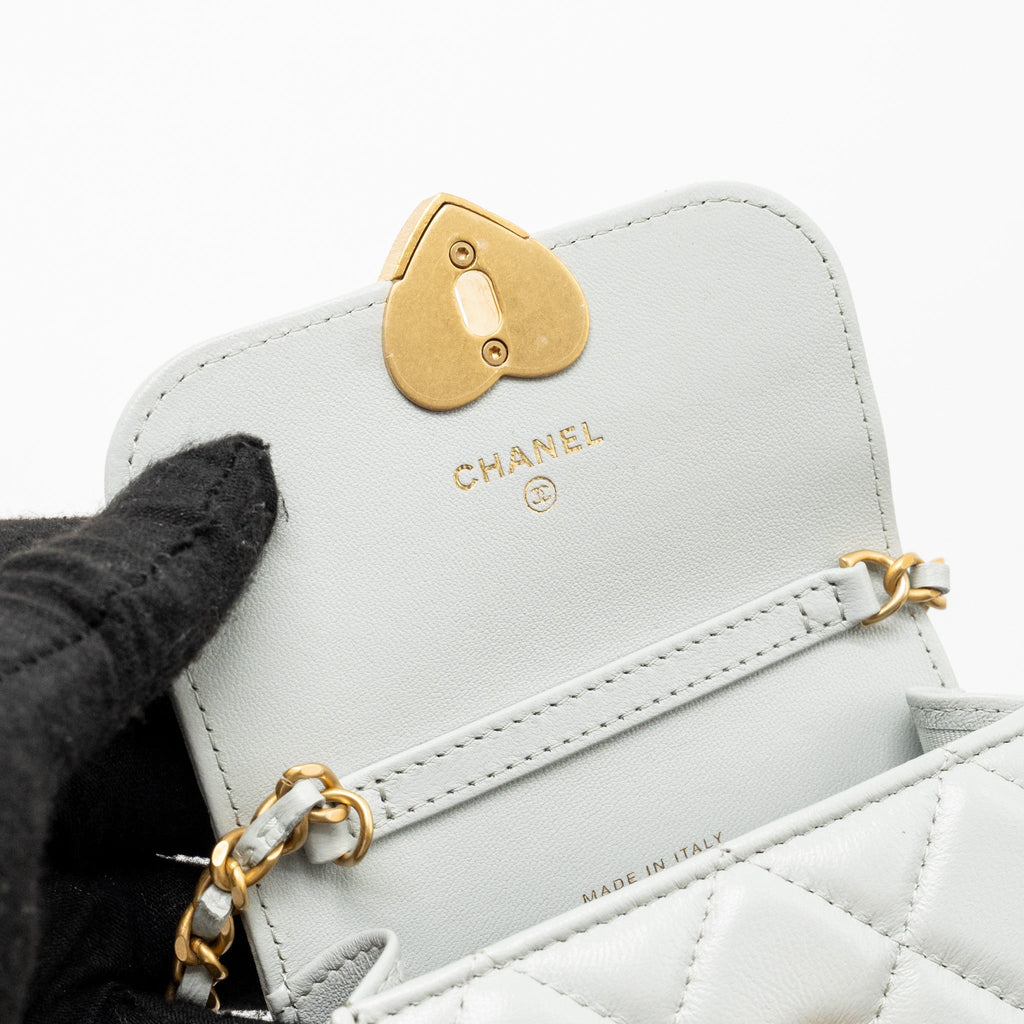 CHANEL CC Enamel Heart Mini Flap Clutch With Chain Lambskin Light Grey