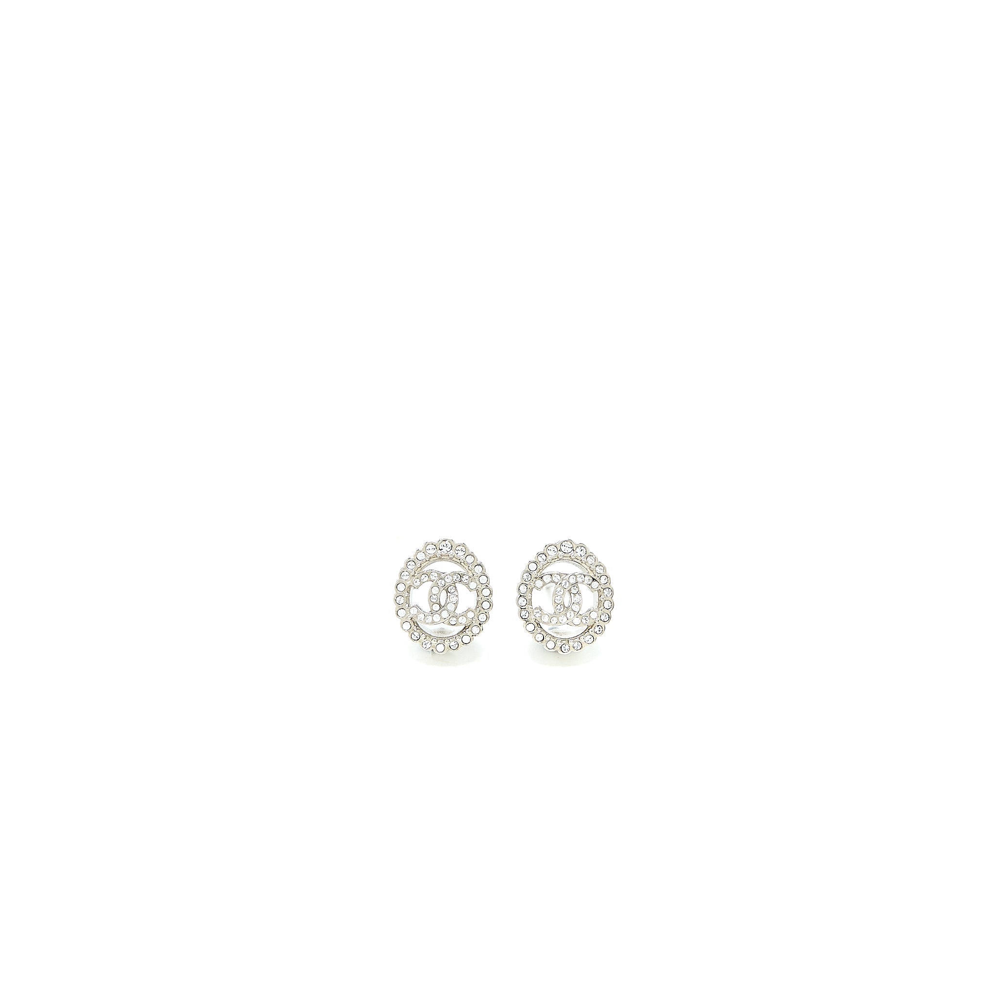 Chanel Round CC Logo Earrings Crystal Silver Tone