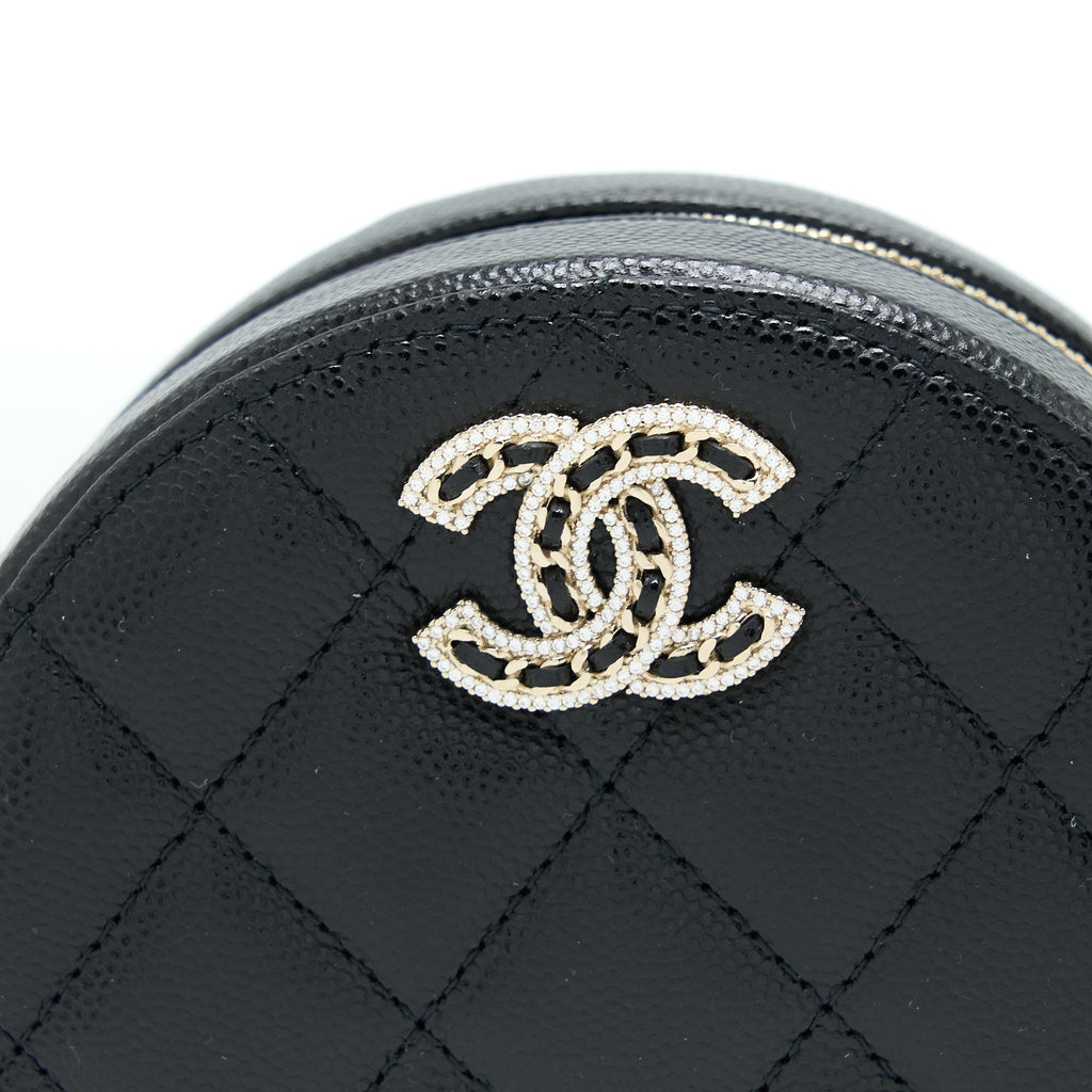 Chanel Crystal CC Logo Round Clutch with Chain Caviar Black L