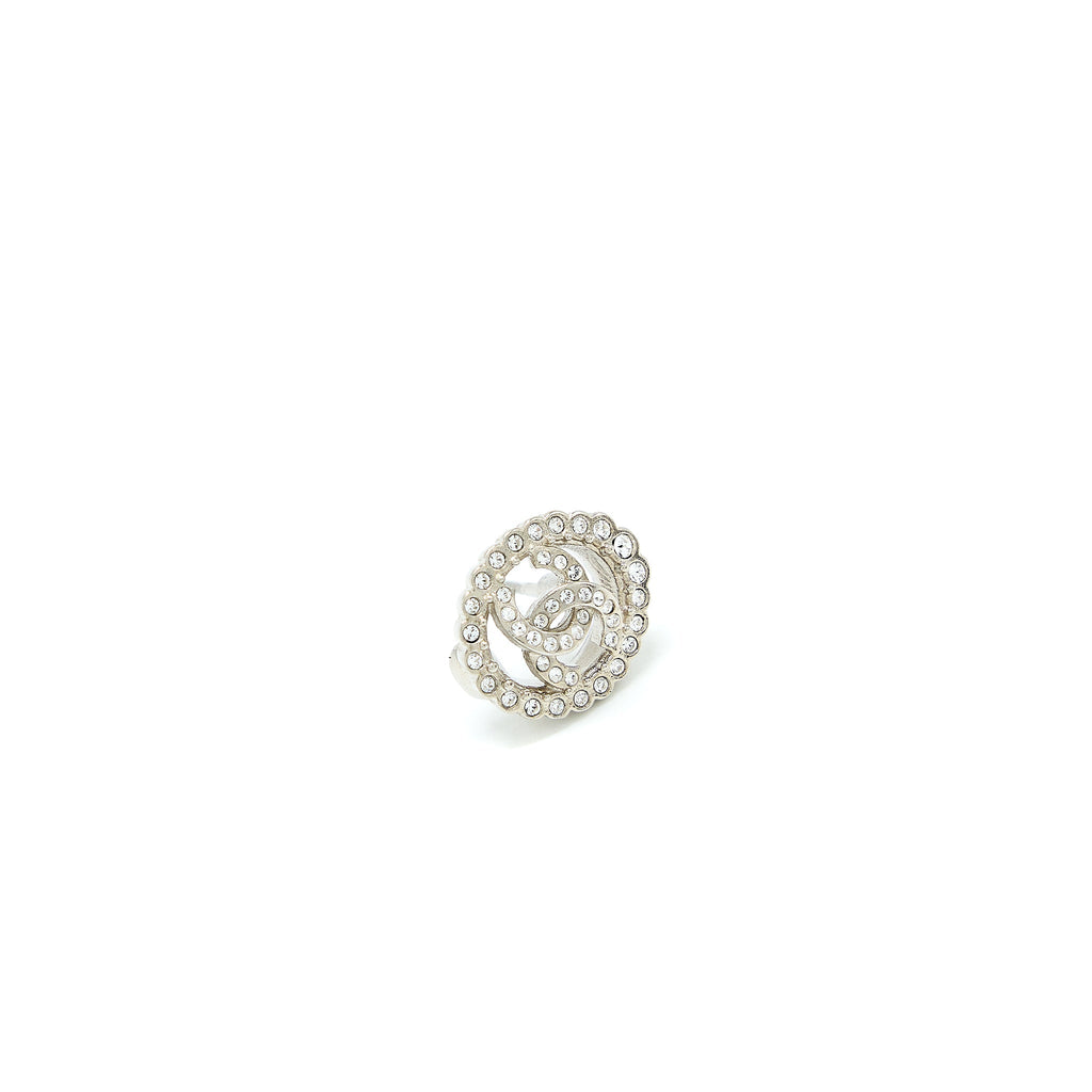 Chanel Round CC Logo Earrings Crystal Silver Tone