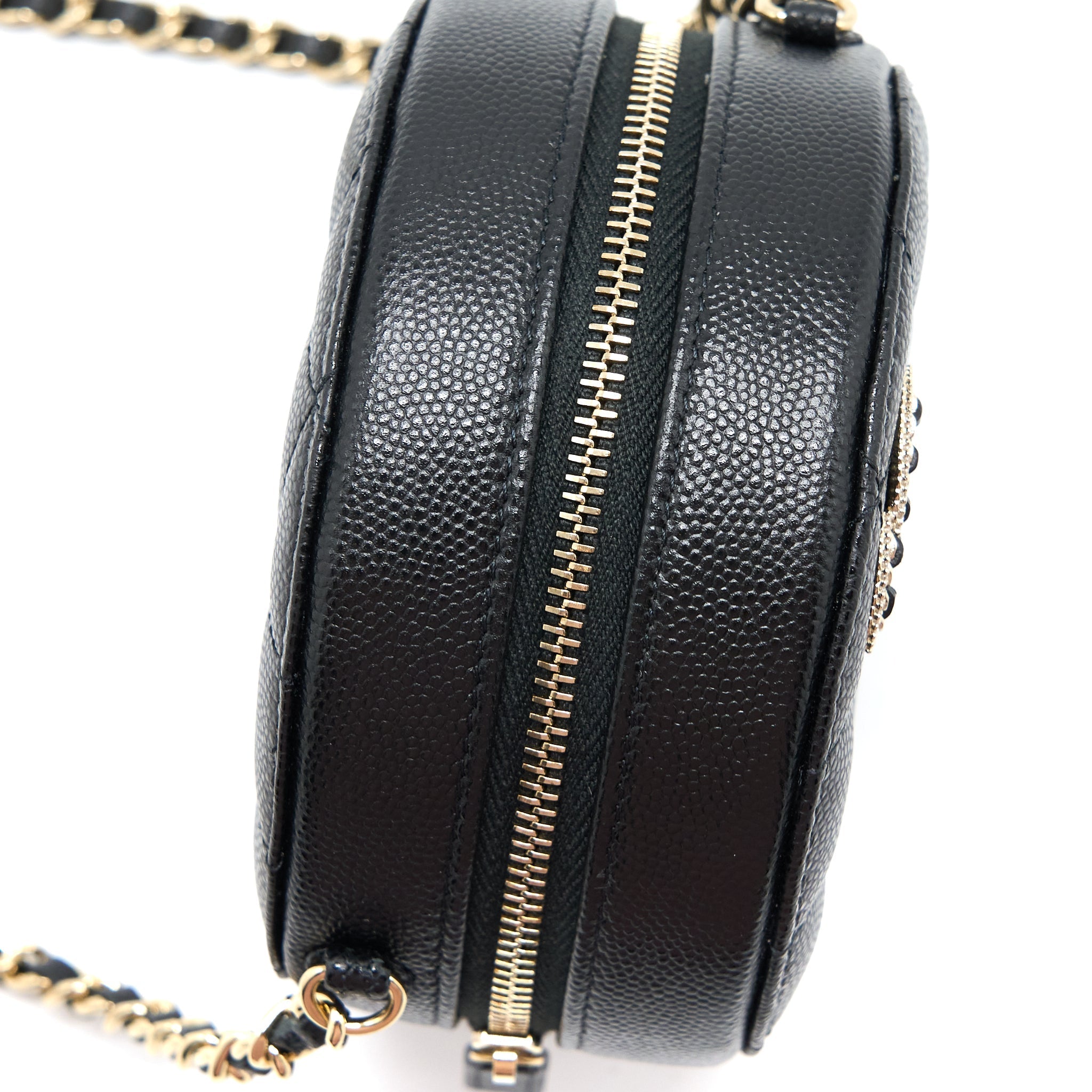 Chanel Crystal CC Logo Round Clutch with Chain Caviar Black L