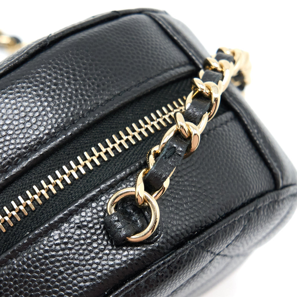 Chanel Crystal CC Logo Round Clutch with Chain Caviar Black L