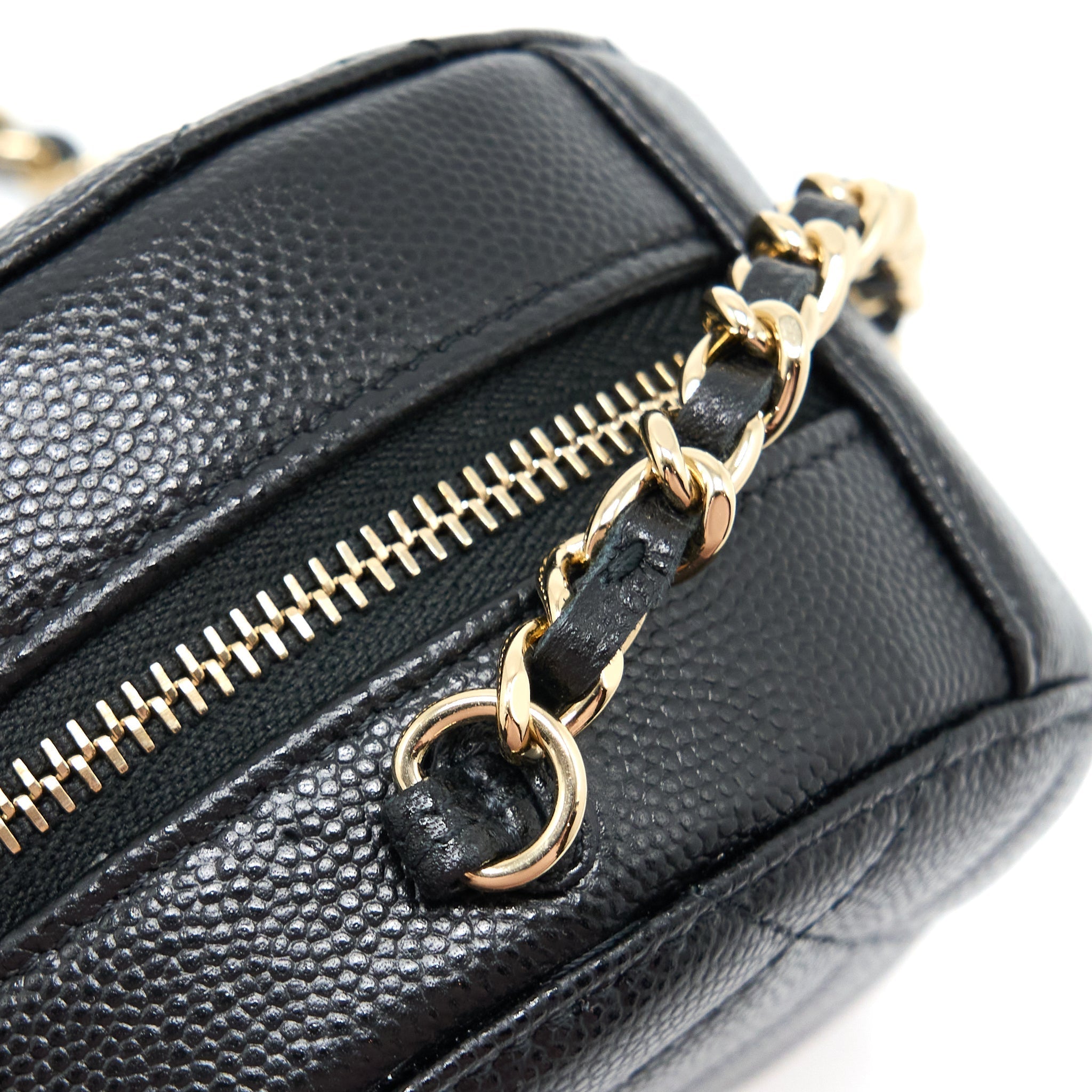Chanel Crystal CC Logo Round Clutch with Chain Caviar Black L