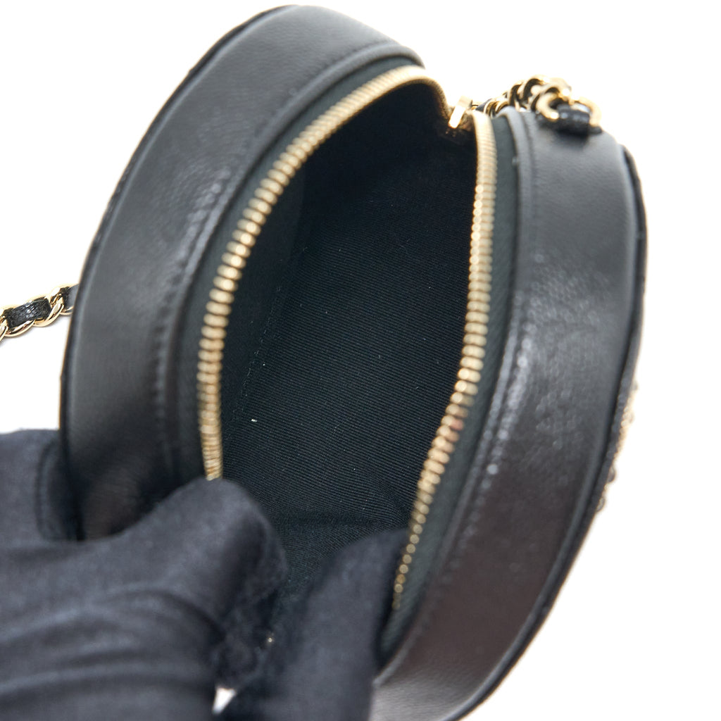Chanel Crystal CC Logo Round Clutch with Chain Caviar Black L