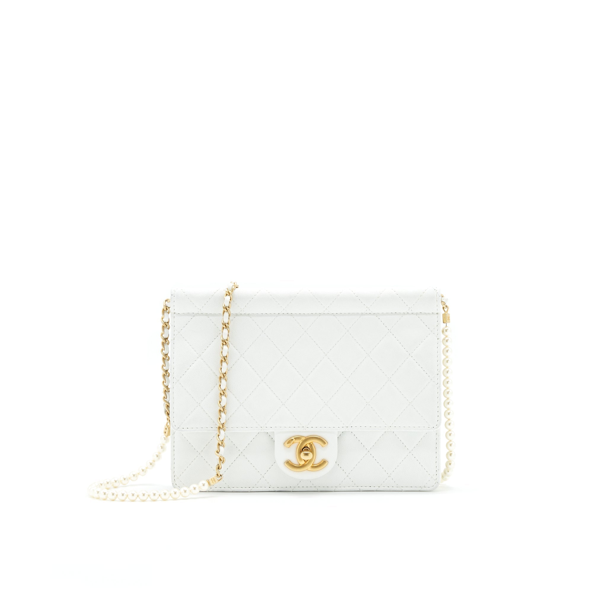Chanel Quilted Pearl Chain Flap Bag In White