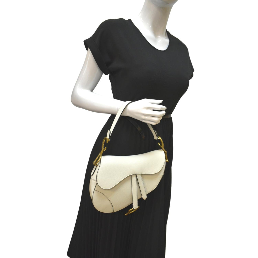 CHRISTIAN DIOR Saddle Grained Calfskin Leather Shoulder Bag Ivory